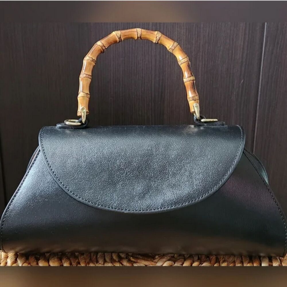 Black Divina Firenze Italian Leather Bamboo Handle Crossbody Purse (NWT)